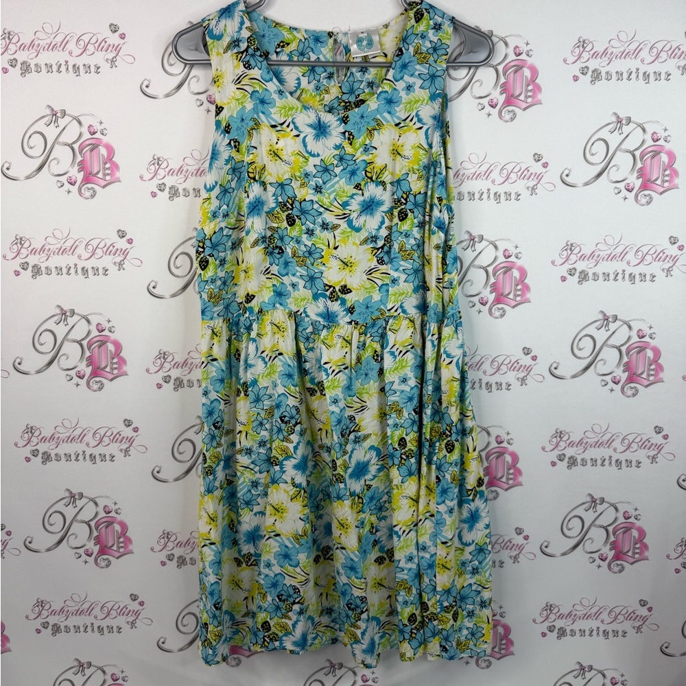 Amanda bay dress tropical flowers blue green yellow Floral Sleeveless Dress
